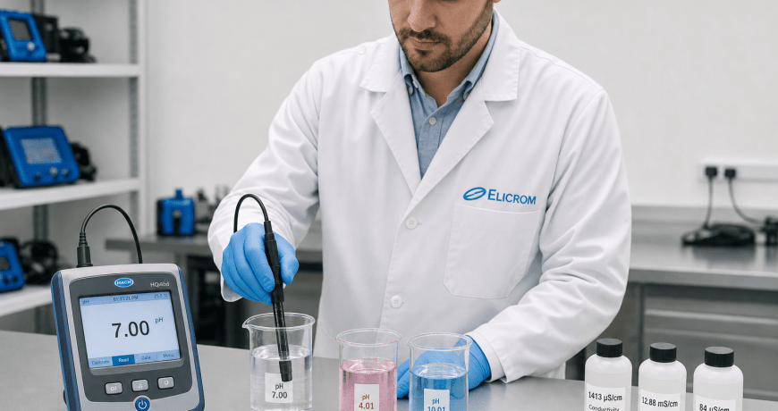 Técnico ELICROM calibrando multiparámetro pH conductividad OD