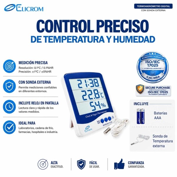 Termohigrómetro con sonda externa y reloj - ELICROM
