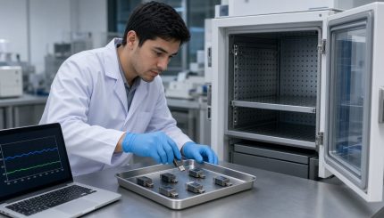 Técnico de 26 años calibrando dataloggers de temperatura y humedad en cadena de frío ELICROM Guayaquil